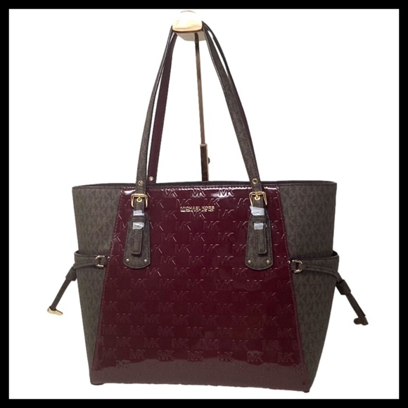 MICHAEL KORS Voyager East/West Tote Merlot With Brown MK Logo - Picture 4 of 16